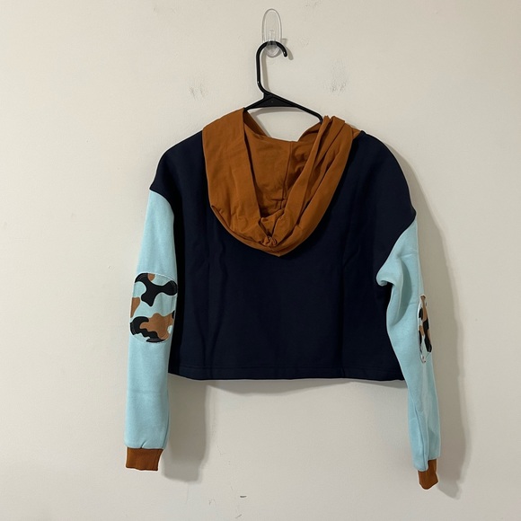 Christopher John Rogers Blue Brown Cropped Patchwork Pullover Hoodie Size Small - Picture 6 of 10